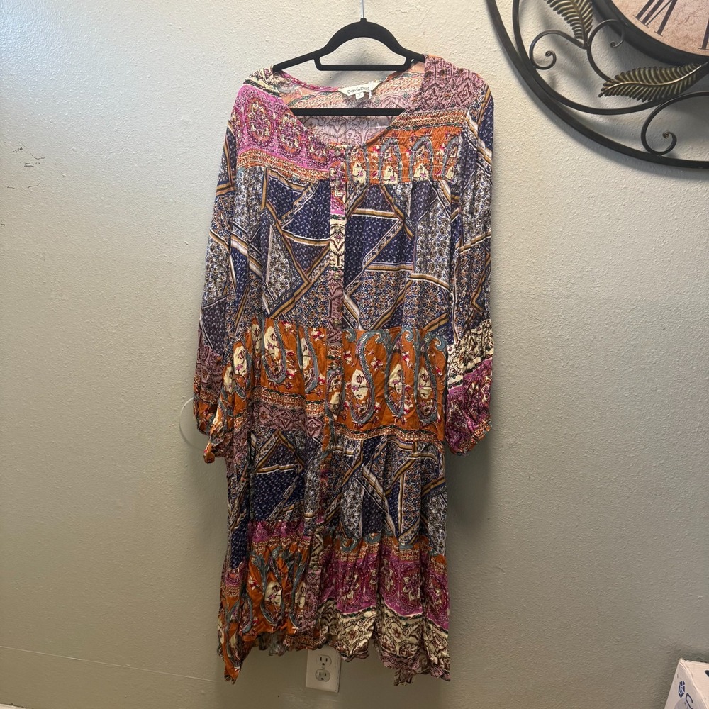Davi & Dani Boho Patchwork Print Midi Dress L 100% Rayon‎ Peasant Long Sleeve